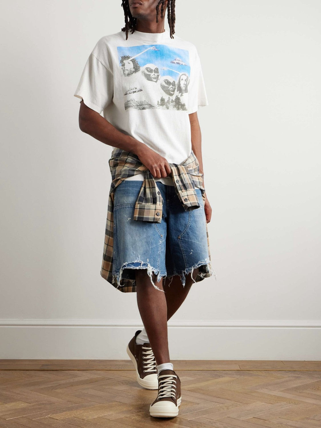 Saint Michael Men's And Women's Summer Distressed Vintage Loose-Fit Denim Shorts Solid Color Straight Leg Splash Print Hem Ripped Shorts Ngvp #2275