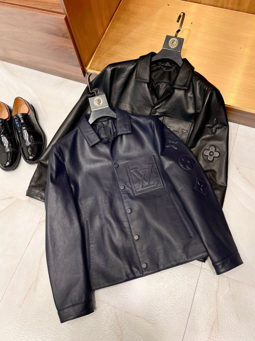 Louis Vuitton Men's Autumn and Winter Solid Color Embossed Leather Monogrammed Single Breasted Long Sleeve Jacket #74224