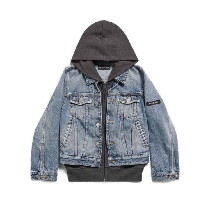 Balenciaga Men's Women's Spring and Autumn Solid Color Lapel Fit Single Breasted Long Sleeve Hooded Sweatshirt Spliced Denim Jacket Coat Ngvp #8749