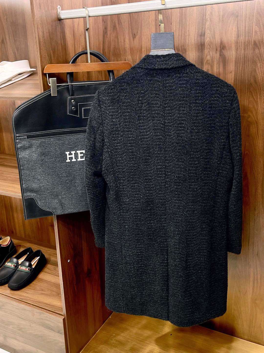 Hermes Men's Fall And Winter Water Wave Texture Casual Double-Breasted Medium-Length Wool Blend Coat Ngvp #9882