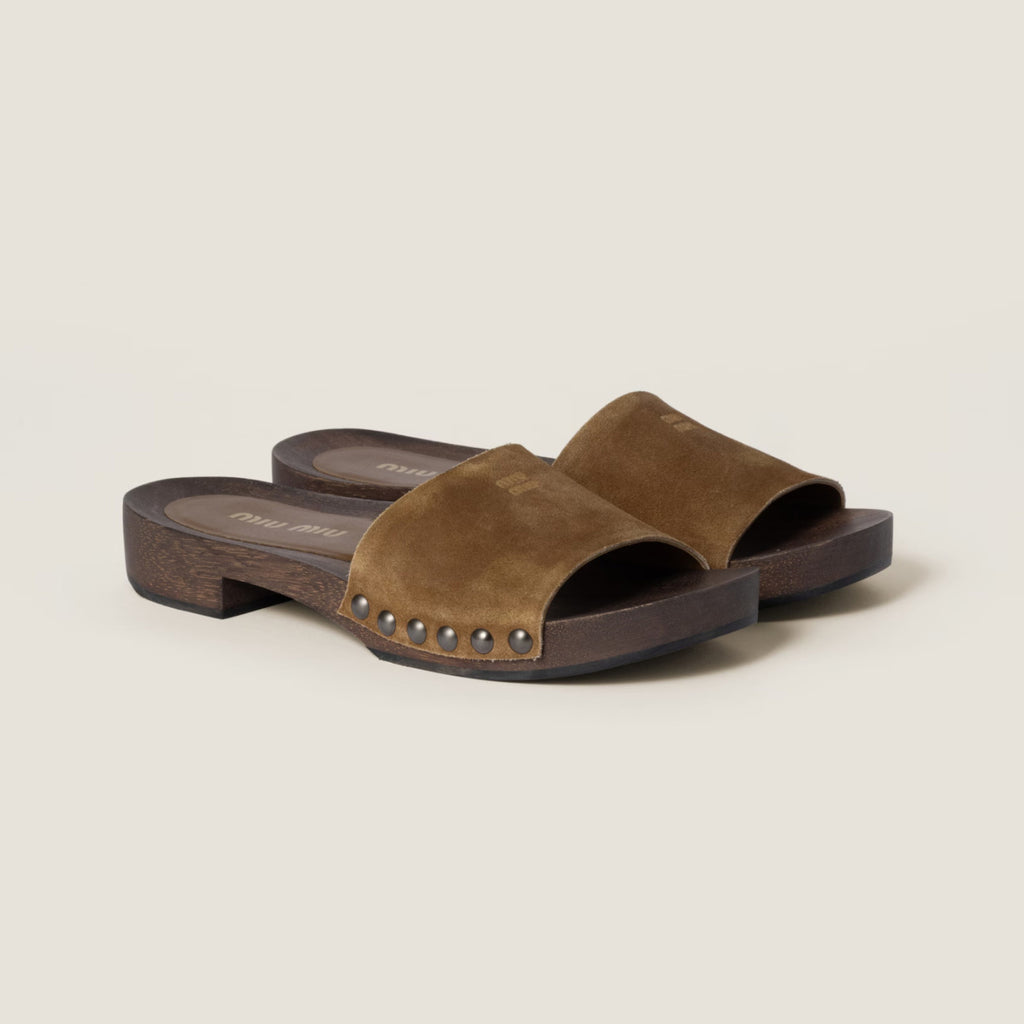 MiuMiu Women's Summer Fashion Casual Round Toe Slip On Suede Leather Wooden Sole Sandals Shoes #78432