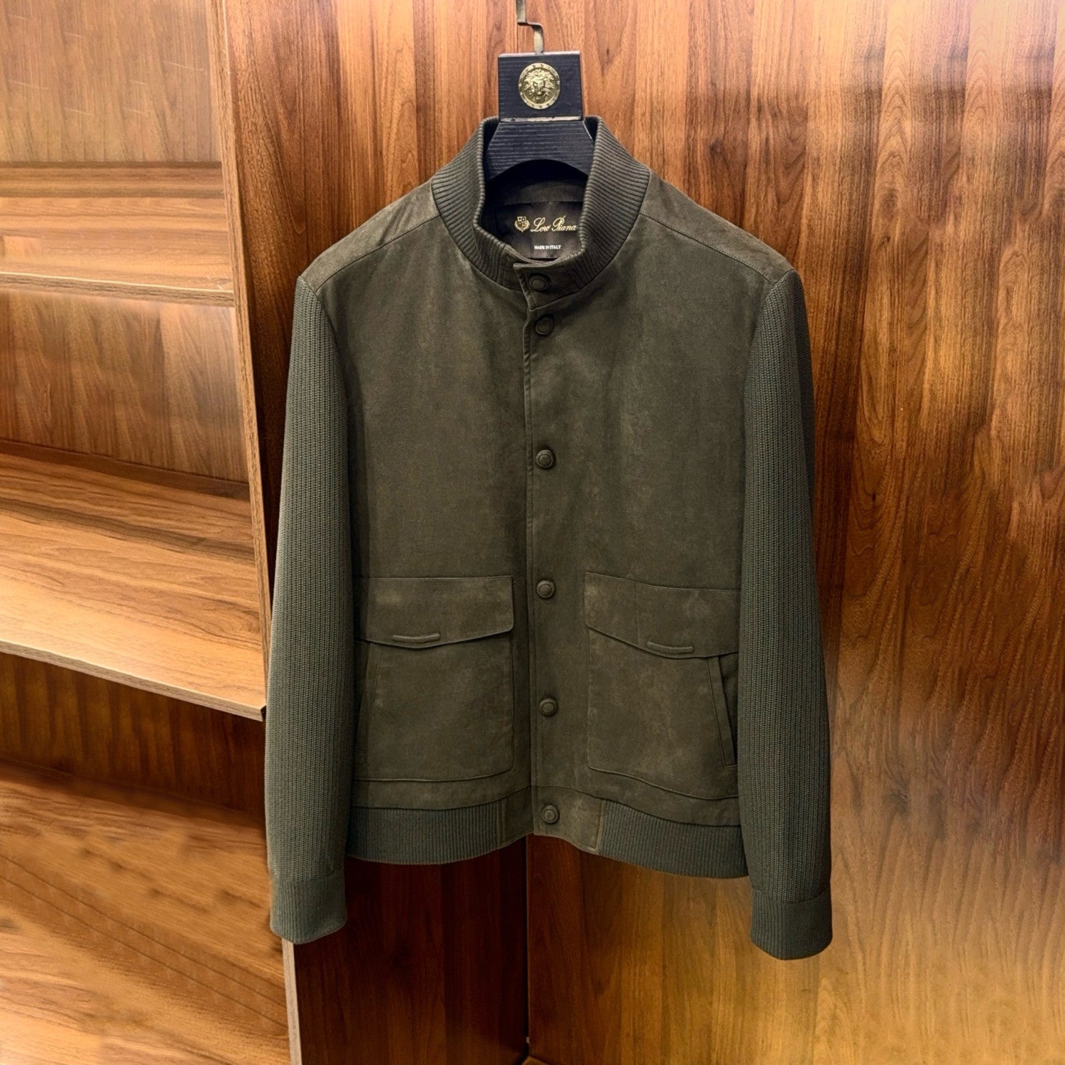 Loro Piana Men's Fall/Winter Fashion Casual Crew Neck Single Button Suede Velvet Patchwork Wool Knit Stand Collar Jacket #79222