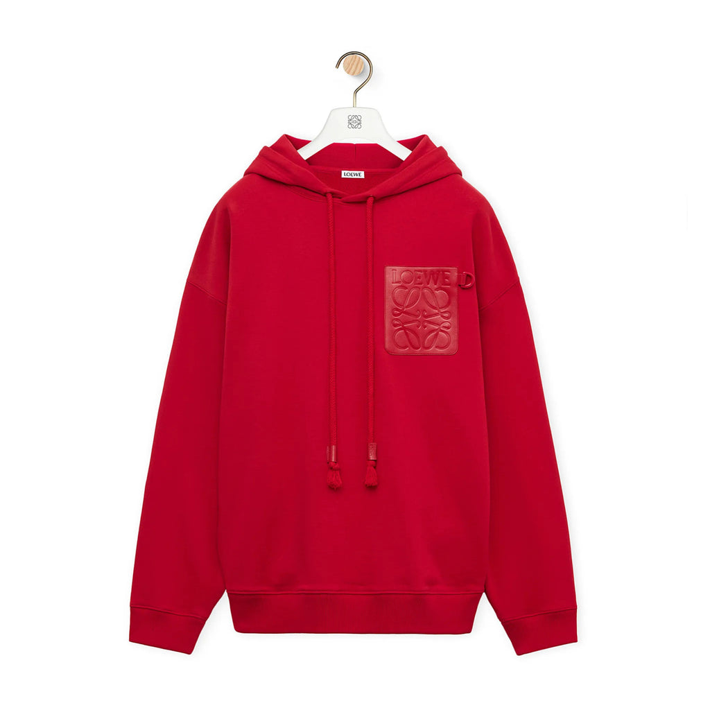 Loewe Men's Spring and Fall Red Logo Leather Label Drawstring Hooded Sweatshirt Pullover #98218