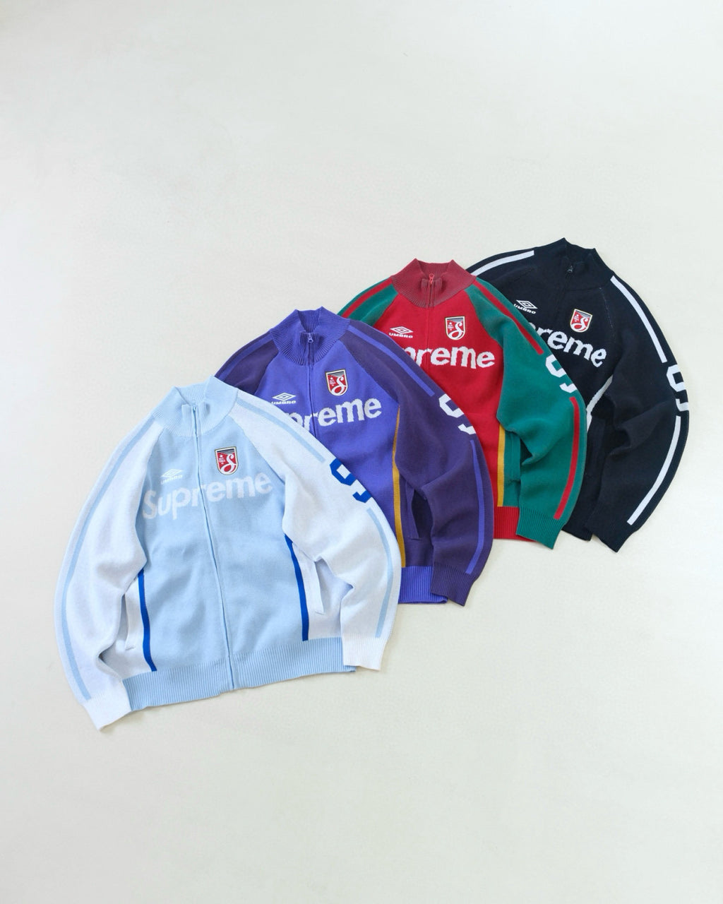 Supreme X UMBRO ZIP UP SWEATER Men's And Women's Spring And Summer Color-blocked Long-sleeved Knit Sweater With Embroidered Logo On The Chest Jacket And Casual Drawstring Shorts Set Suit #77888