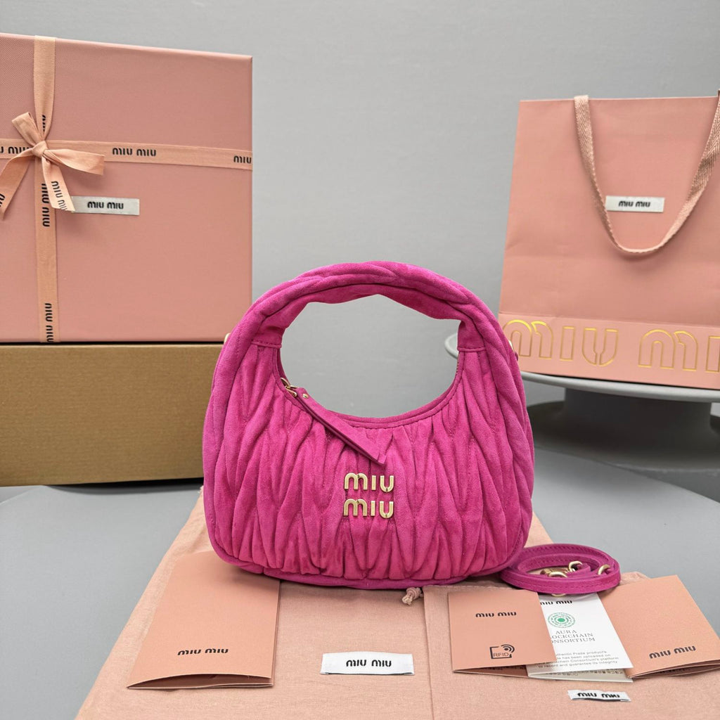 MiuMiu Wander Matelassé Suede Leather Bag Women's Metal Engraving Zipper Closure Single Shoulder Crossbody Crescent Bag Tote Bag #333006