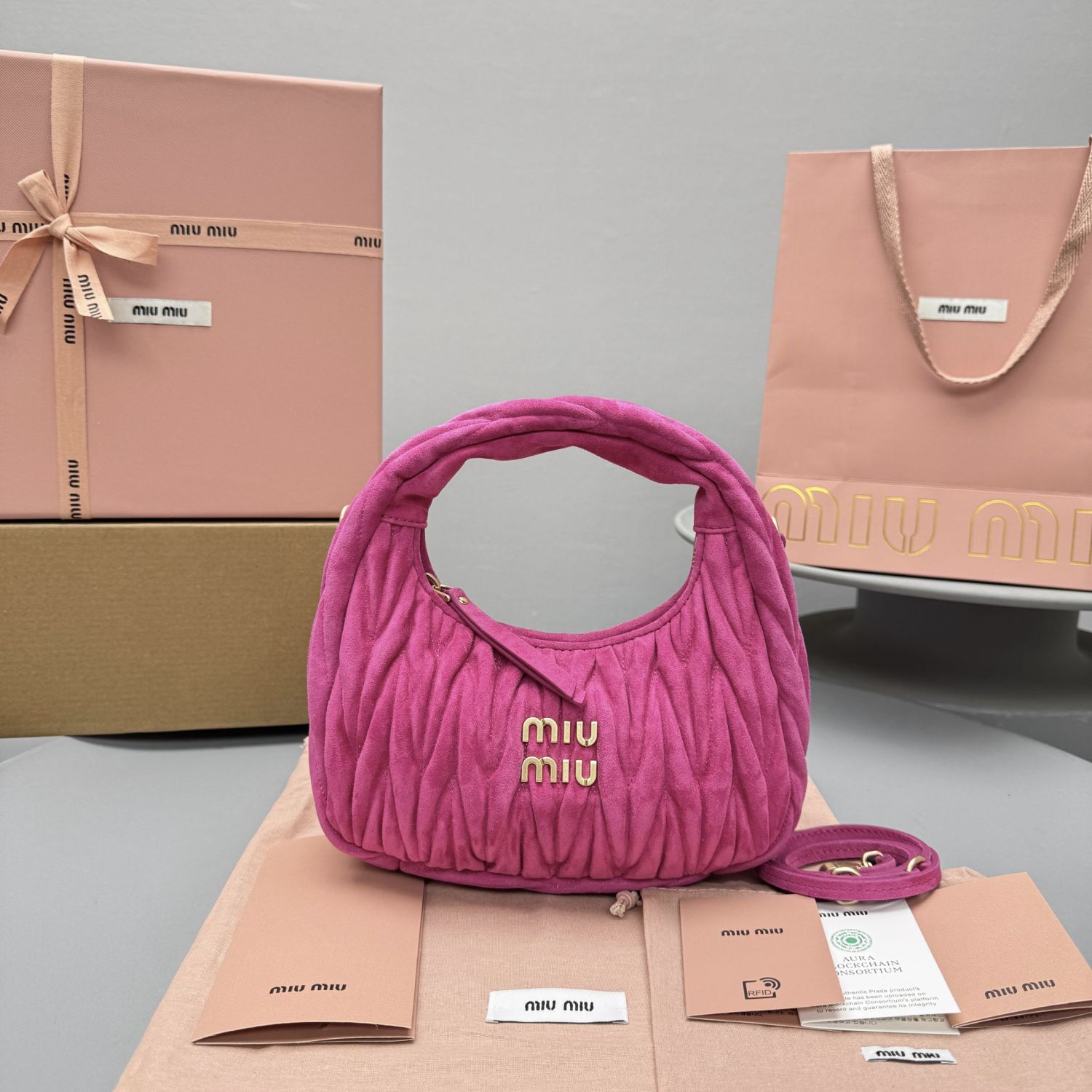 MiuMiu Wander Matelassé Suede Leather Bag Women's Metal Engraving Zipper Closure Single Shoulder Crossbody Crescent Bag Tote Bag #333006