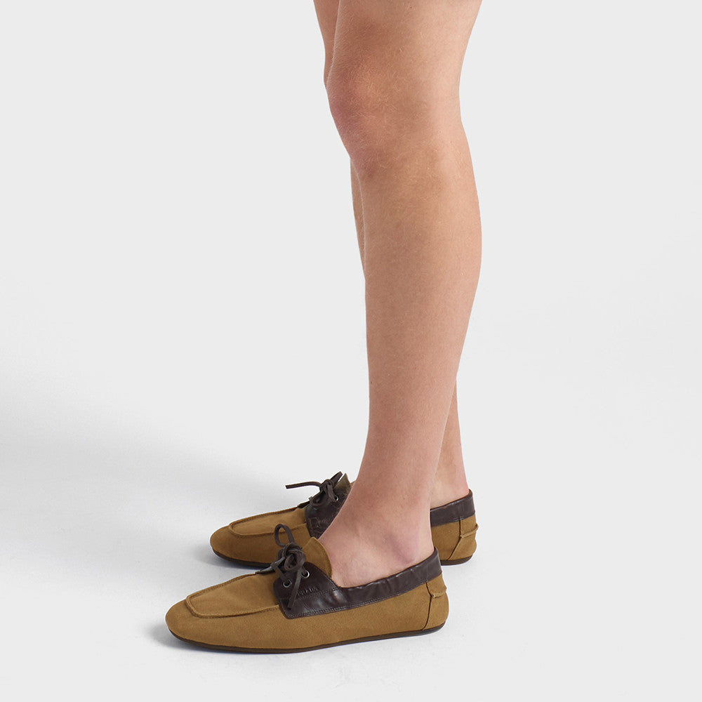 PRADA Shuffle Aged Canvas And Leather Boat Shoes #381722