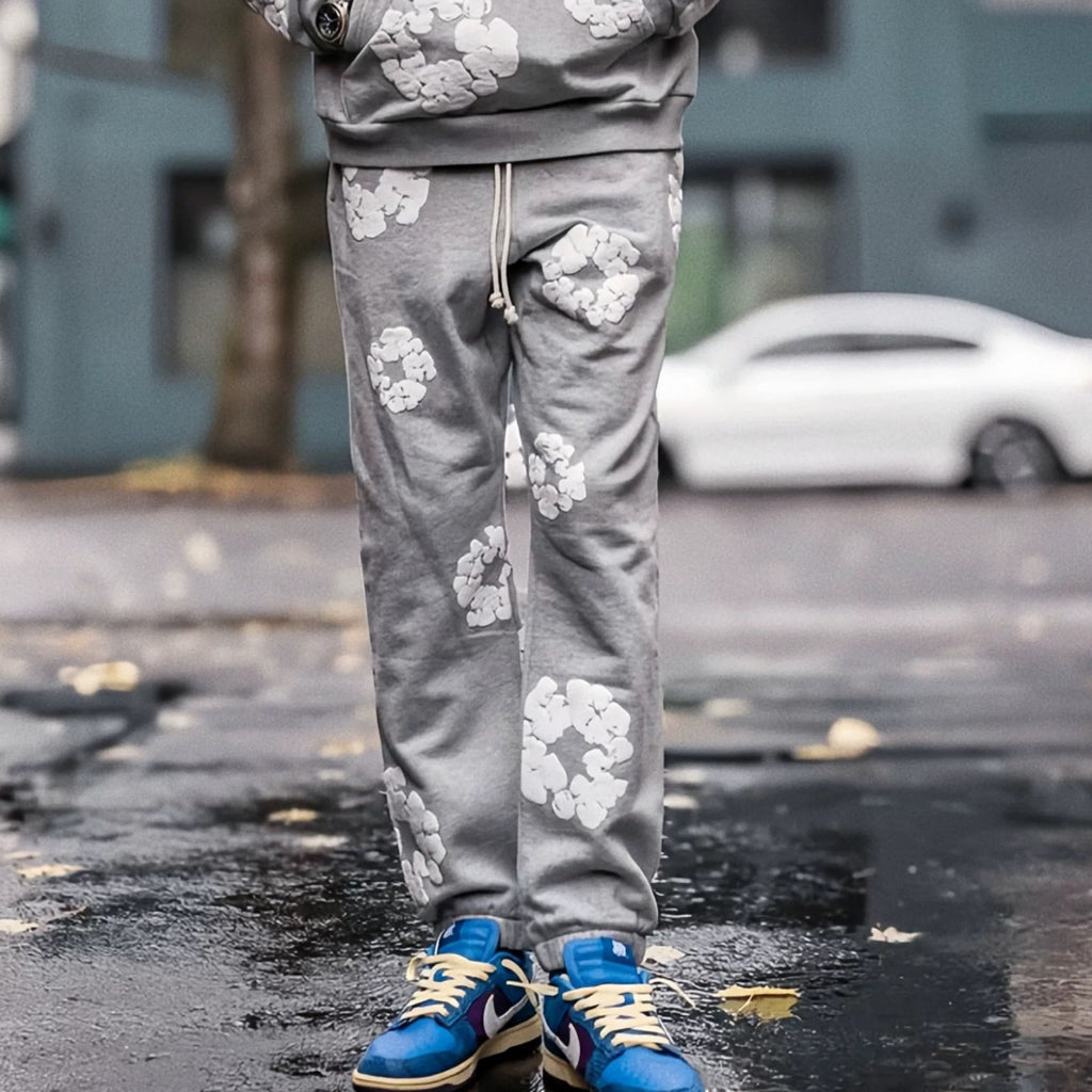 Denim Tears Men's And Women's Spring And Autumn Fashion Trends High Street Kapok Flower Casual Cotton Ribbed Loose Pants Ngvp #8877
