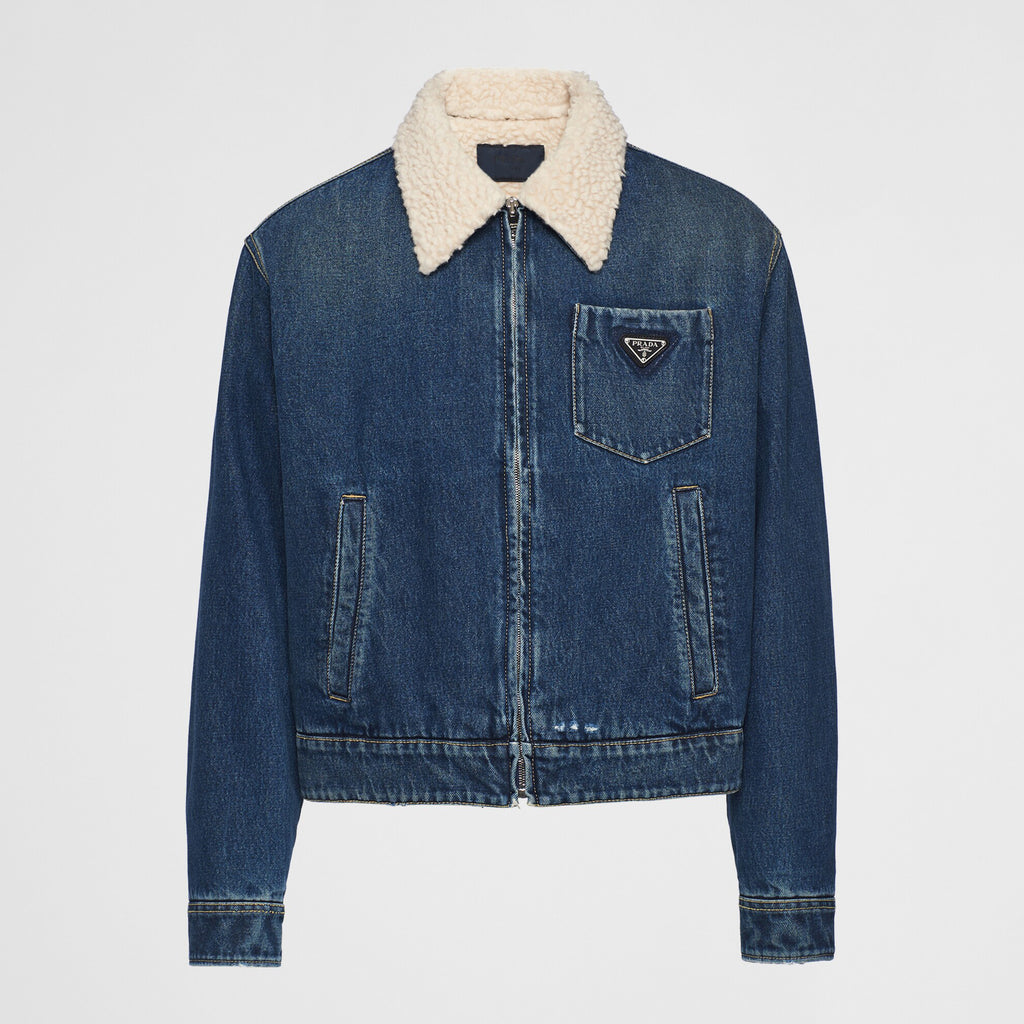 Prada Men's Autumn and Winter Solid Color Lambswool Lapel Long Sleeve Zipper Denim Jacket #74495