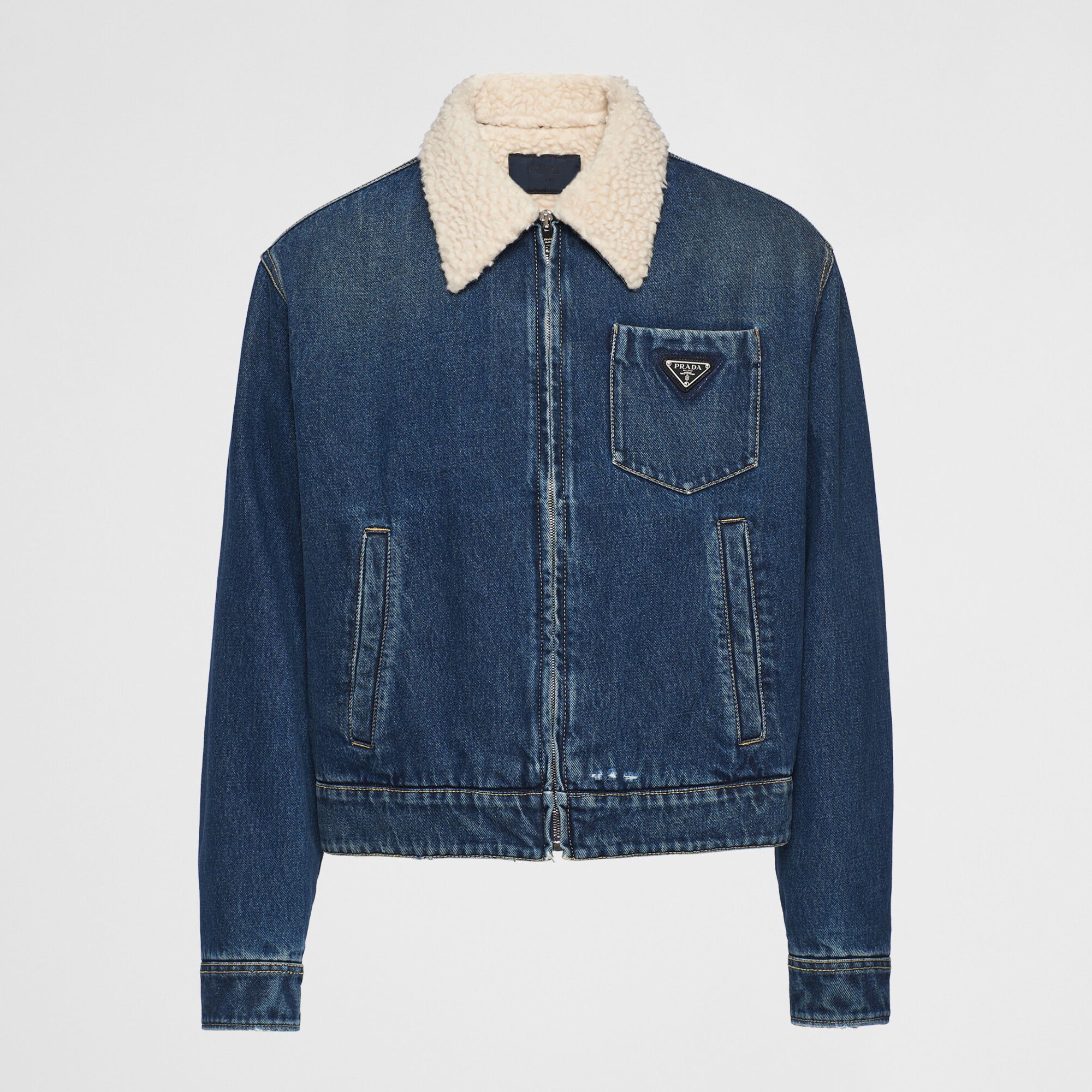 Prada Men's Autumn and Winter Solid Color Lambswool Lapel Long Sleeve Zipper Denim Jacket #74495