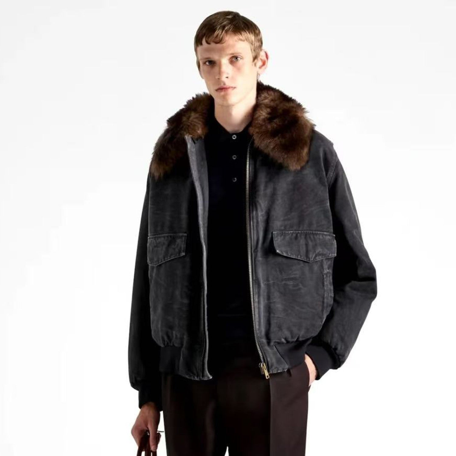 Prada Men's Fall And Winter Hair Collar Black Cotton Jacket Fashion Trend Warm Casual Zipper Short Jacket Coat Ngvp #2196