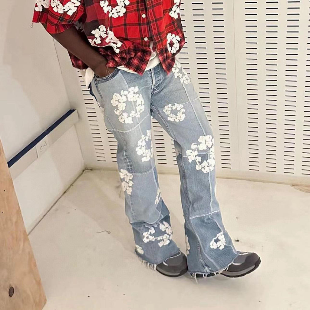 Denim Tears x Readymade Men's Women's Washed And Aged Floral Embroidery Patchwork Fitted Wide Leg Blue Denim Pants Ngvp #8138