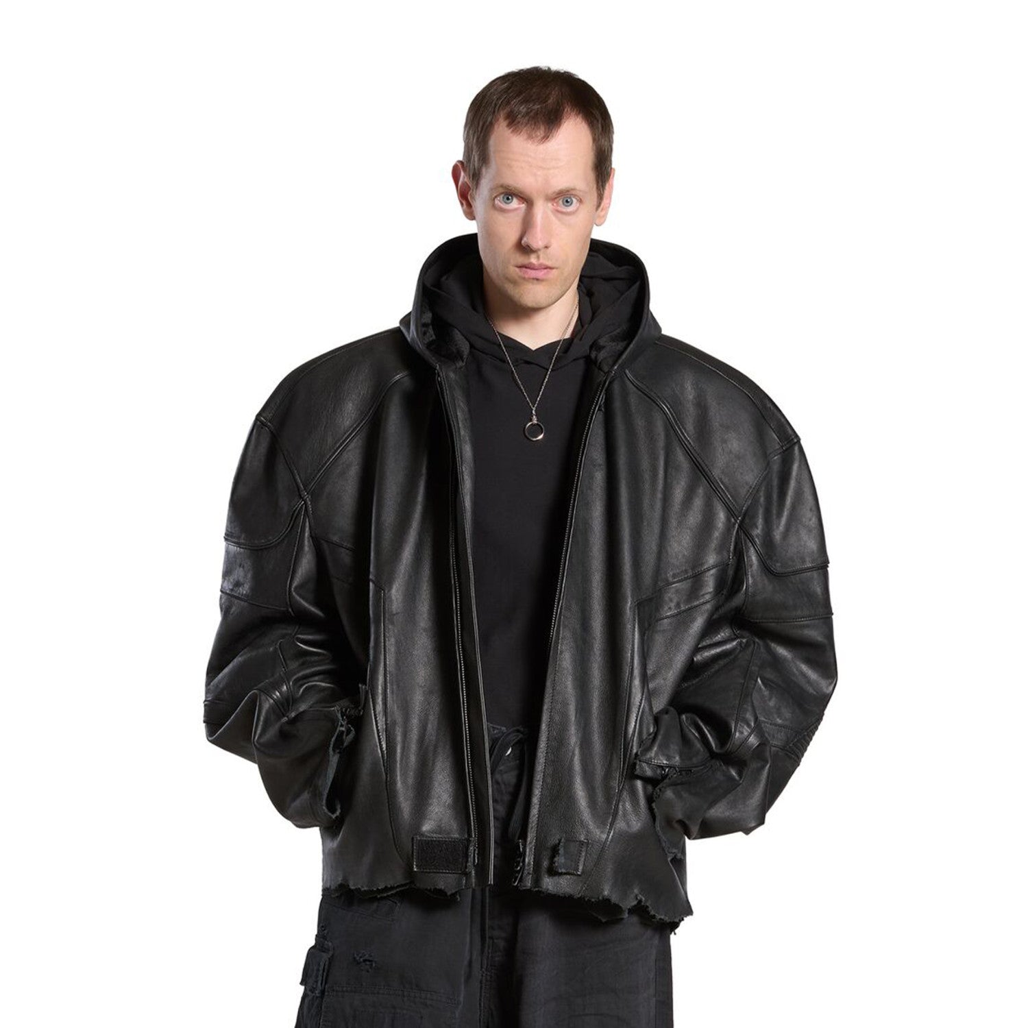 Balenciaga Men's Women's Autumn And Winter High Street Solid Color Cowhide Zipper Long Sleeve Loose BIKER Hooded Jacket Ngvp #8578