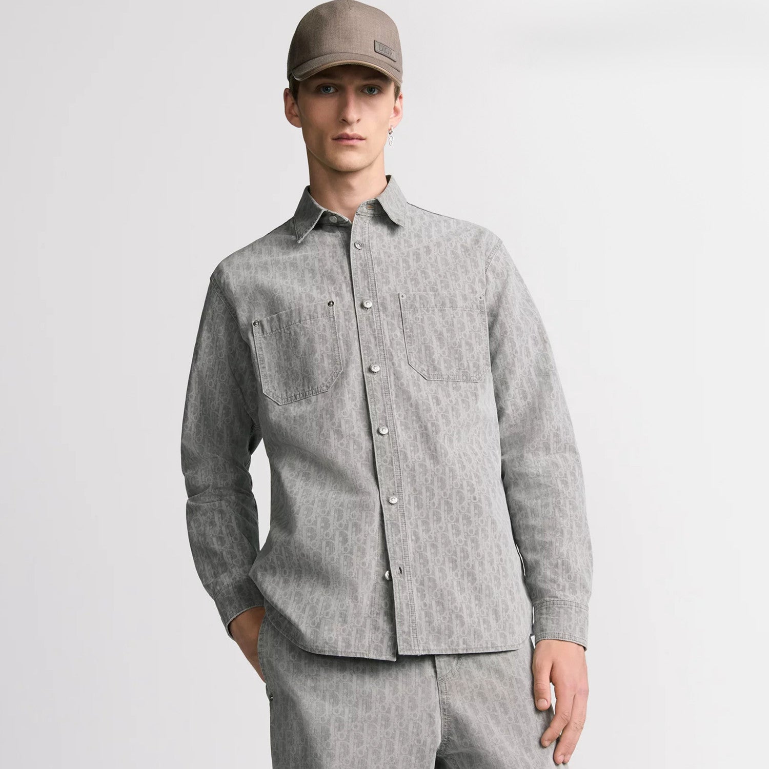 DIOR Men's Grey Cotton Denim Oblique Printed Shirt Blouse Spring Autumn Lapel Single Breasted Fashion Casual Jacket Shirt #71845