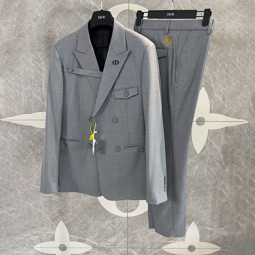 Men's Spring and Autumn Gray Double Breasted Long Sleeve Suit Jacket Blazer Embroidered Logo Suit Pants Set #99926