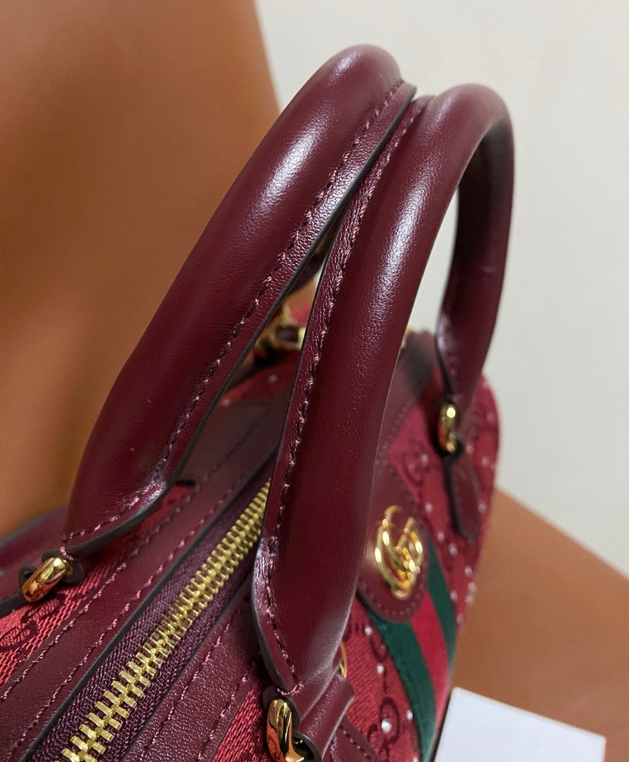 GUCCI Ophidia crystals small boston bag in Rosso Ancora red GG canvas #335872