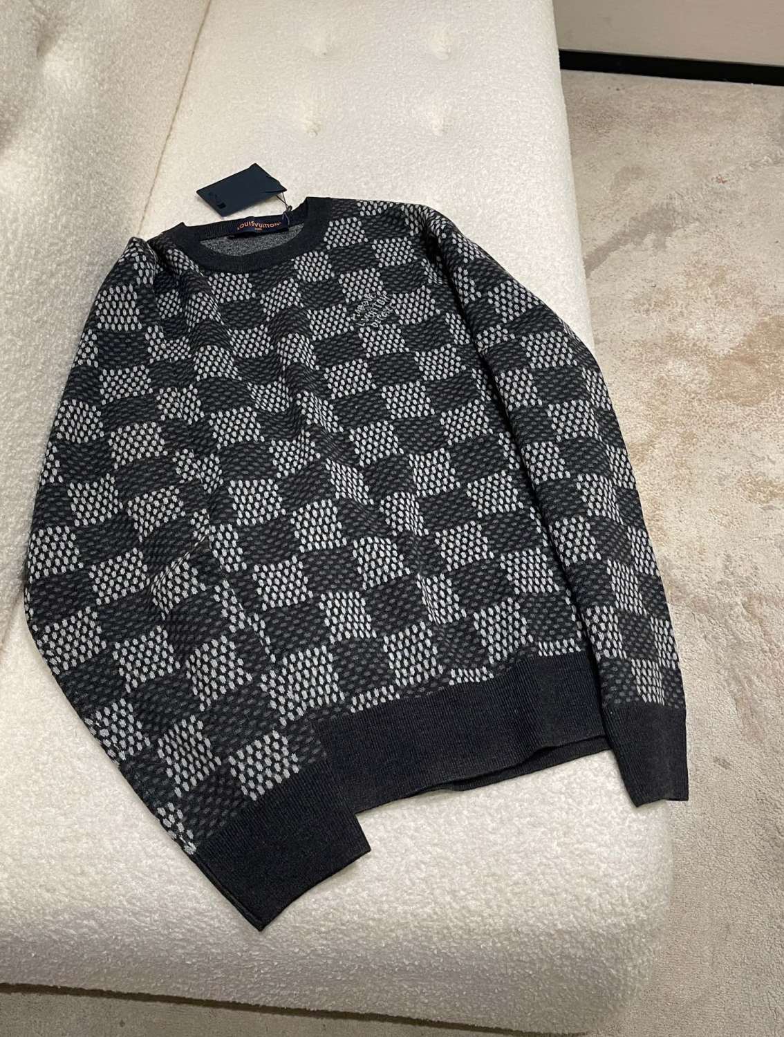 Louis Vuitton Men's Spring and Autumn Black Checkerboard Print Logo Pattern Round Neck Long Sleeve Sweater #73789