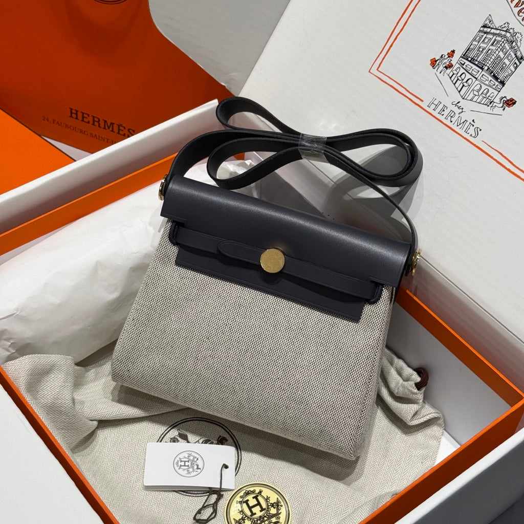 Hermes H -Mini Herbag Women's Color Blocking Metal Buckle Canvas and Cowhide Handbag Shoulder Satchel Bag Bags #76411