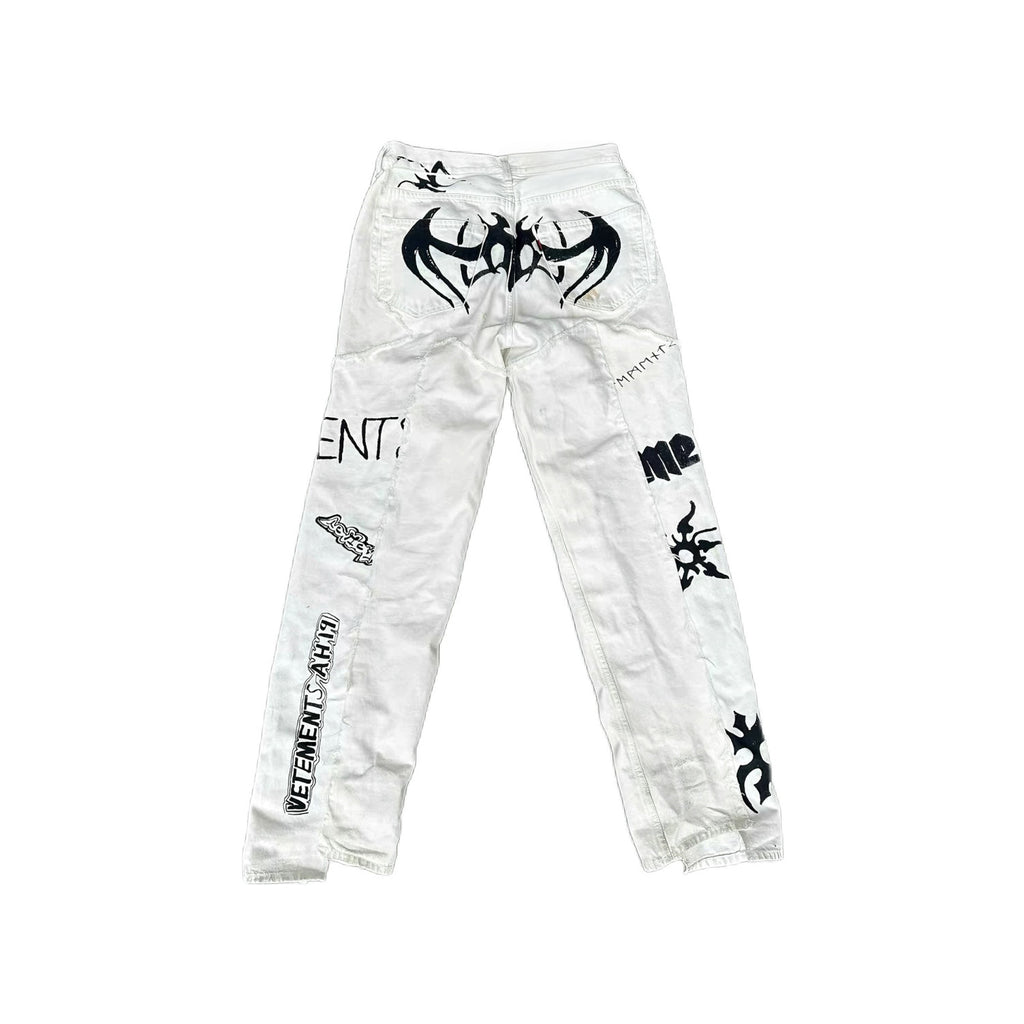 Vetements Men's High Street Vintage Show Co-branded Opium Deconstructed Splicing Tattoo Print White Denim Pants Fashion Trend Casual Pants Ngvp #2446