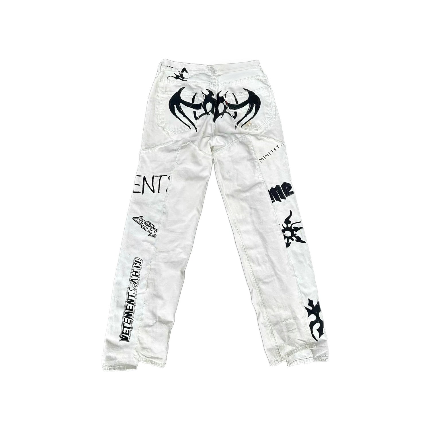 Vetements Men's High Street Vintage Show Co-branded Opium Deconstructed Splicing Tattoo Print White Denim Pants Fashion Trend Casual Pants Ngvp #2446