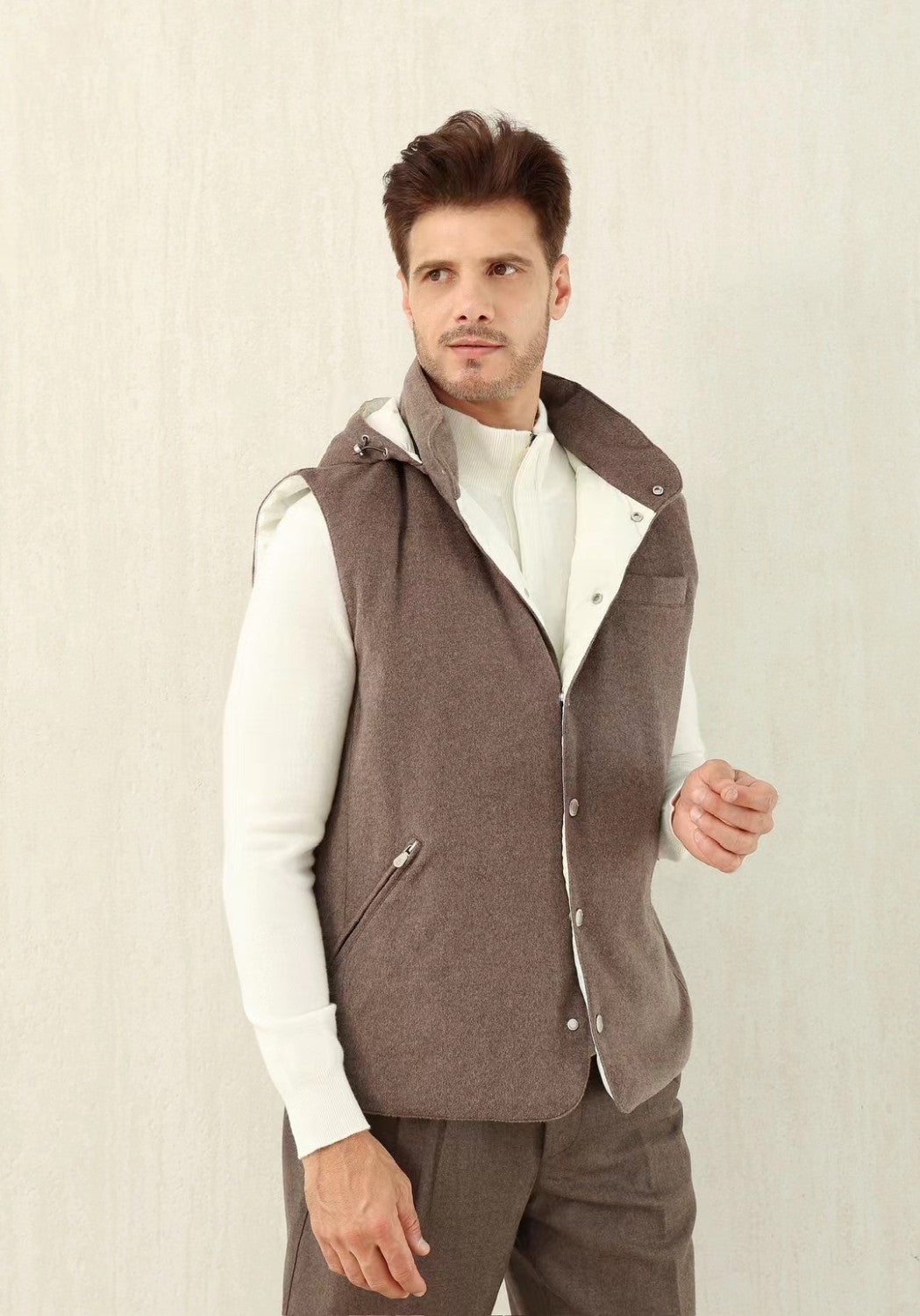 Brunello Cucinelli Men's Spring/Autumn Detachable Hooded Solid Color Single-Breasted Bonded Wool Flannel Down Vest Ngvp #2293