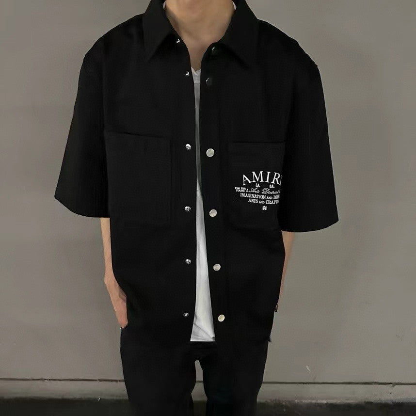 Amiri Men's Arts District Camp Solid Color Logo Embroidered Lapel Single Breasted Short Sleeve Shirt #76214