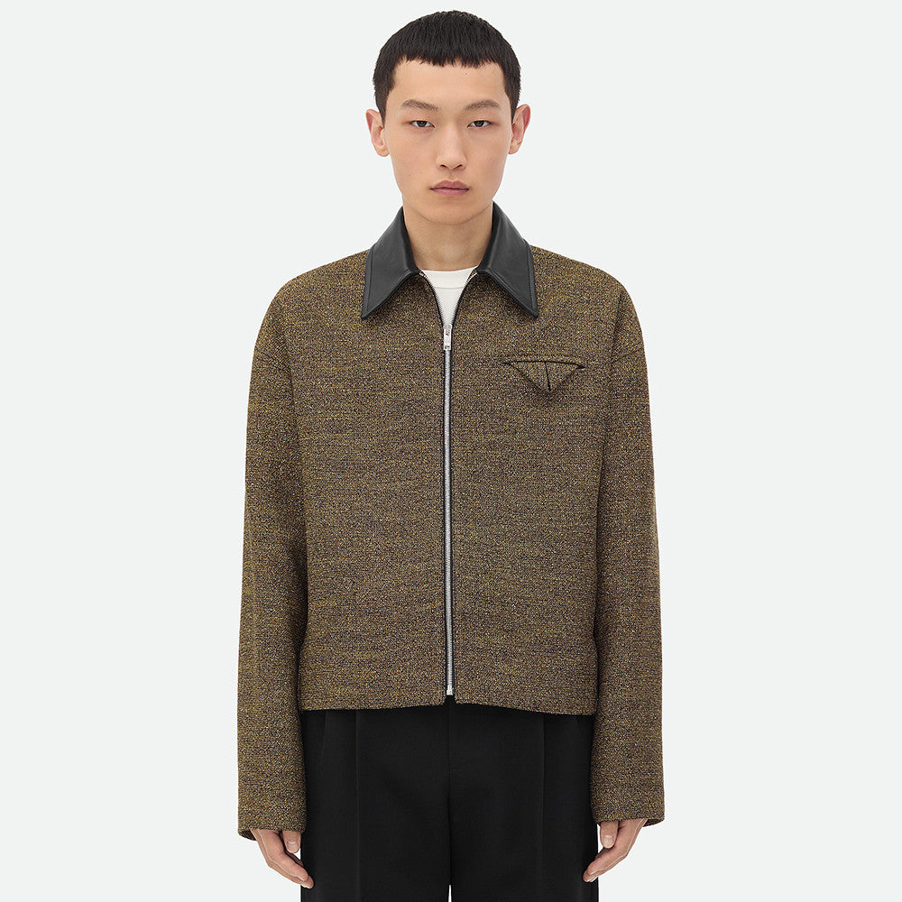 Bottega Veneta SG Men's Cotton Fringe Short Jacket Linen Beige Black Gold Silk Zipper Leather Lapel Long Sleeve Jacket #332619