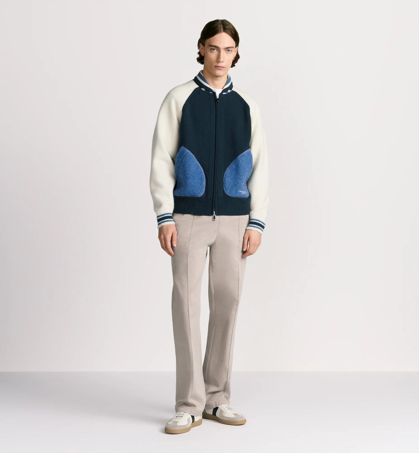 Dior Men's Spring/Fall Vintage College-Style Color-Block Wool Sweater with Floral Embroidery Plain-Knit Long-Sleeve Oversized Cardigan #81595