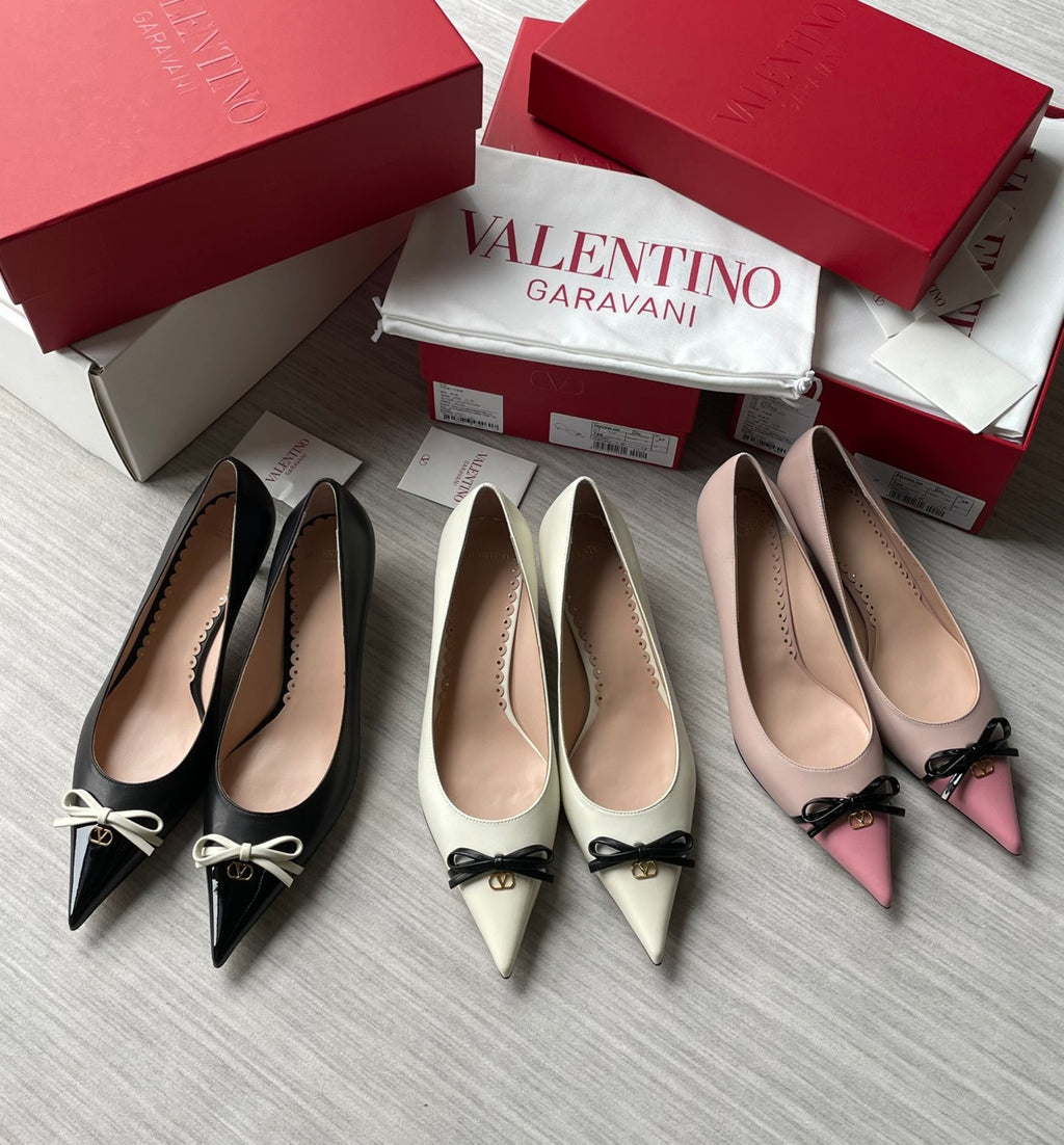 Valentino Women's Spring/Fall Classic Pointed Toe Covered Toe Bow V-Logo Sandals 4cm Heel Height Shoes #78843