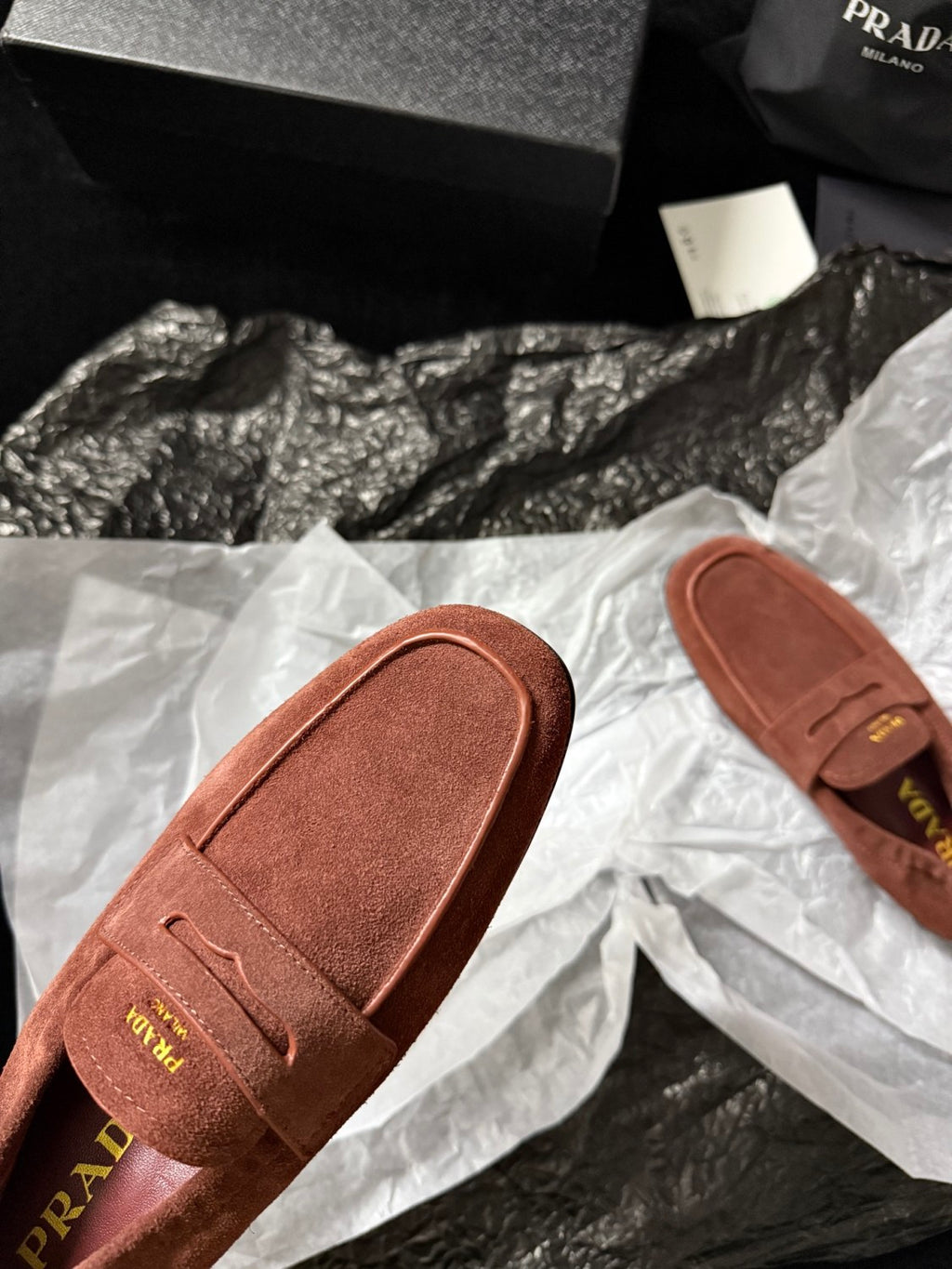 Prada Women's Solid Color Round Toe Slip-On Shiny Oiled Leather and Suede Casual Loafers Shoes #77758