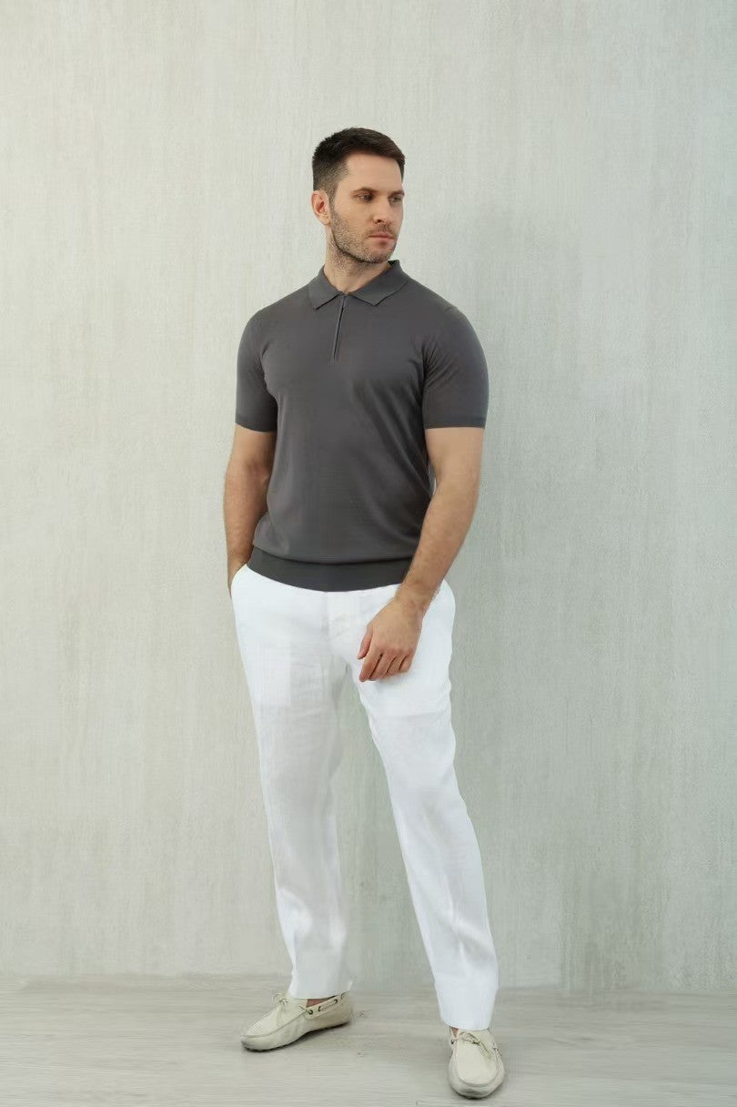 Loro Piana Men's Summer Solid Color Half Zip Straight Short Sleeve Polo Shirt Ngvp #1555