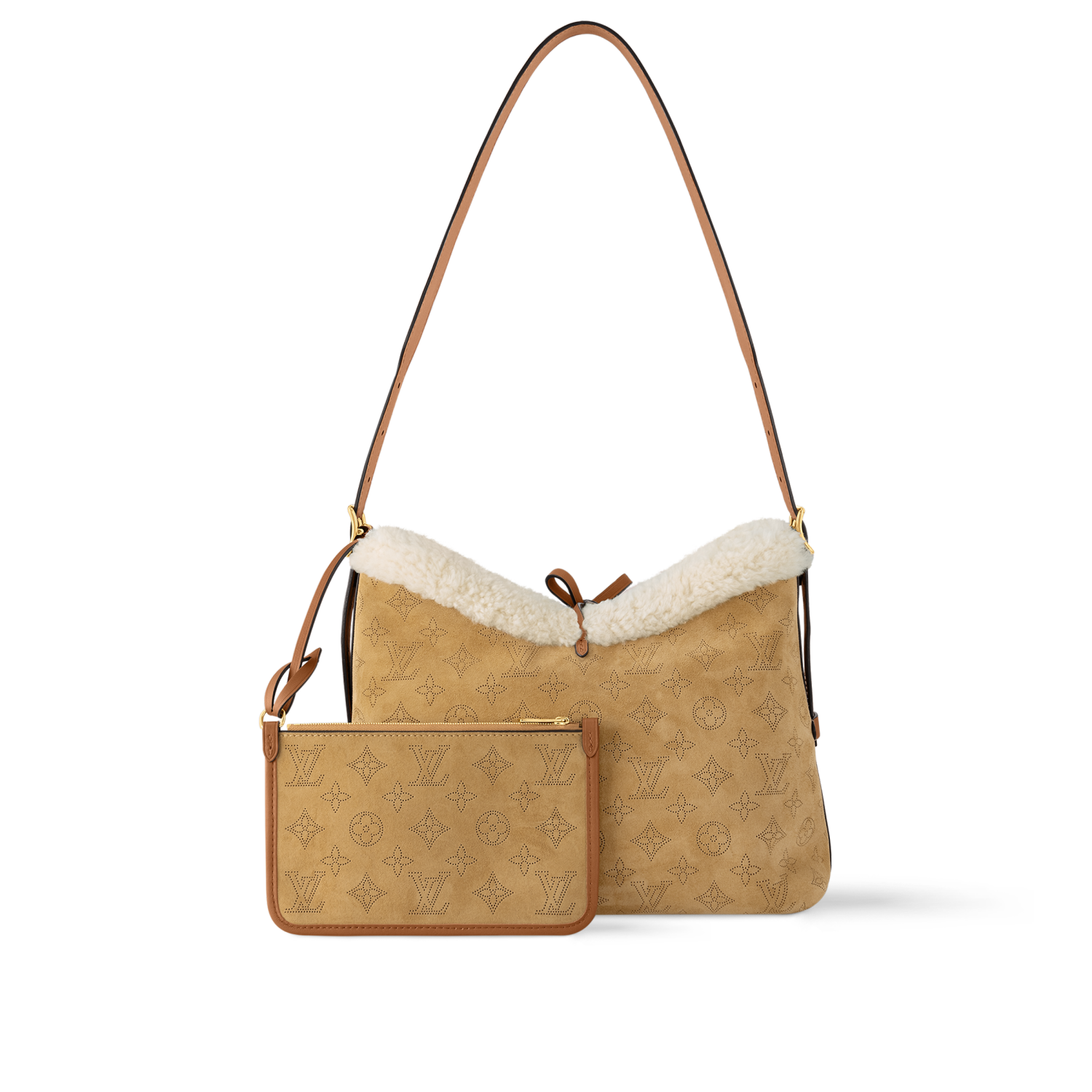 Louis Vuitton Women's CarryAll PM Mahina Handbags Adjustable Shoulder Strap Lace-up Closure Suede And Wool Trim Hand-held Shoulder Bag #333064