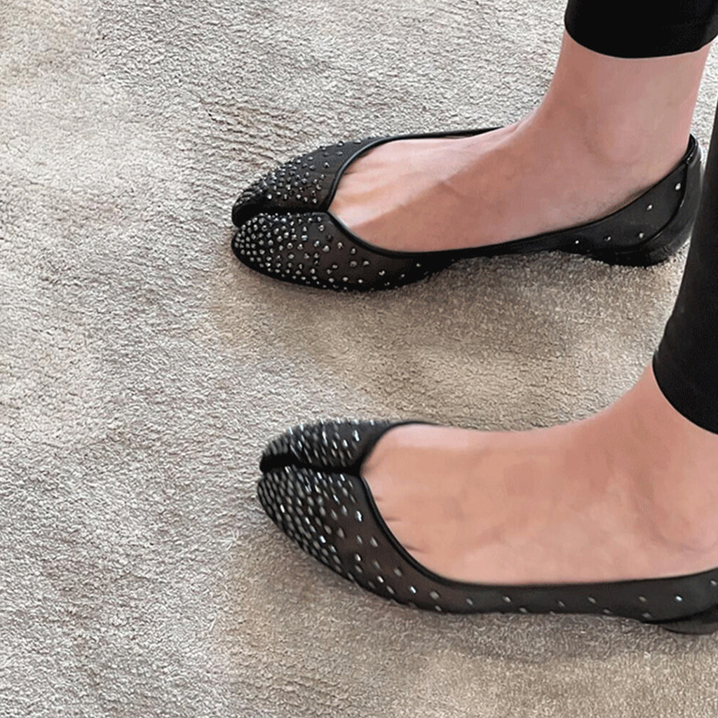 Christian Louboutin X Maison Margiela Women's Spring And Summer New Mesh Temperament Rhinestone Split Toe Flat Shoes Versatile Ballet Shallow Mouth Single Shoes Ngvp #1494