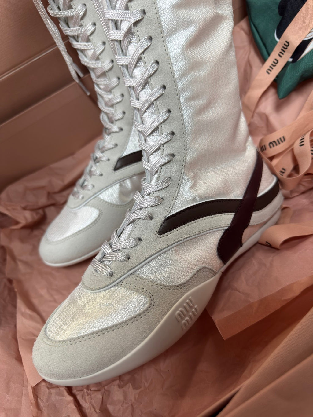 MiuMiu Gymnasium Women's Autumn And Winter Solid Color Technical Fabric And Suede Leather Boxing Boots Shoes #77315