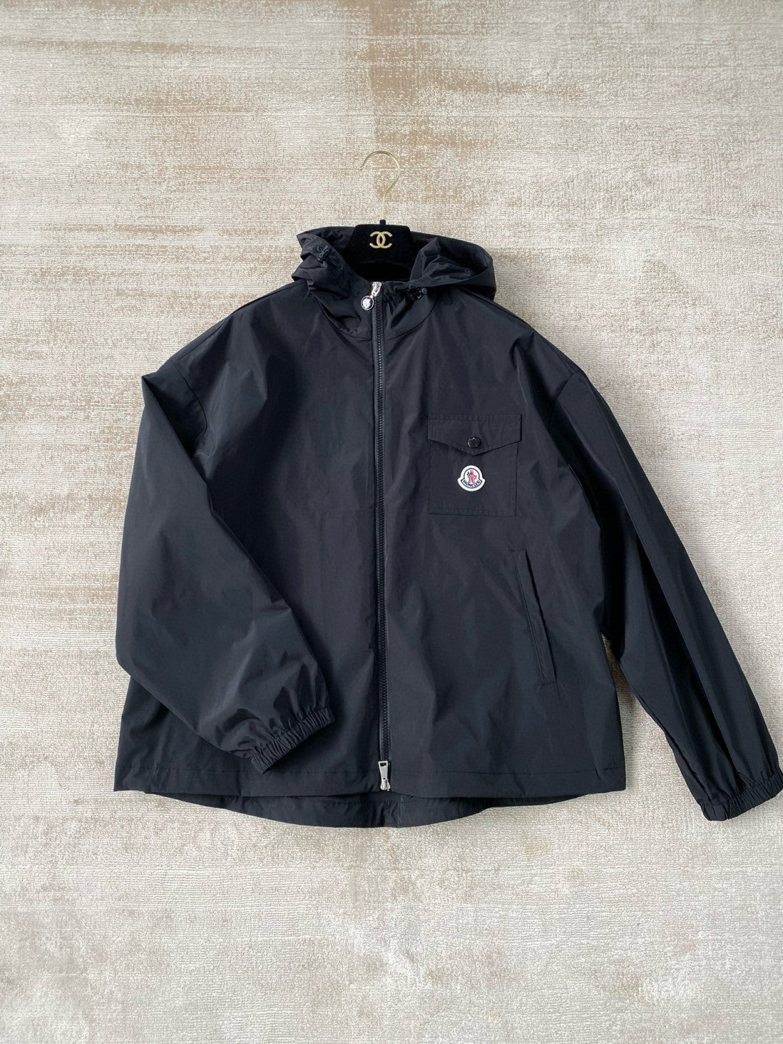 Moncler Men's Spring and Fall Black Logo Patch Straight Long Sleeve Zipper Hooded Lightweight Jacket #98779
