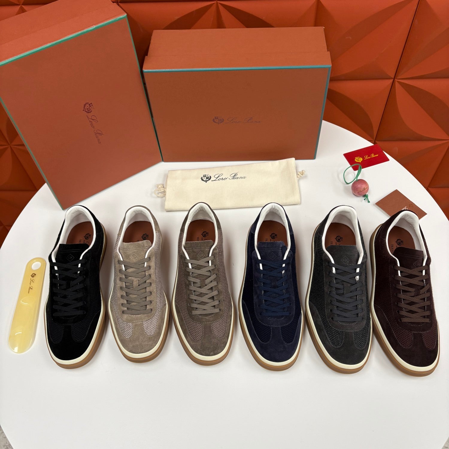 Loro Piana Men's Spring/Fall Fashion Casual Round Toe Lace Up Low Top Leather Patch Sneakers Breathable Mesh Patch Fabric Casual Shoes #79242