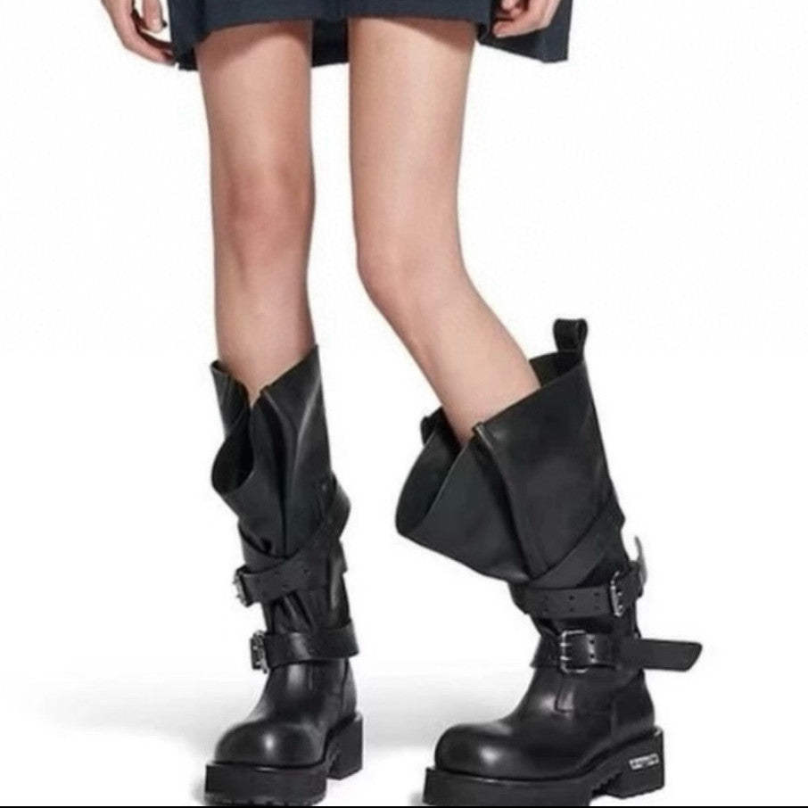 Balenciaga VENOM Men's  Fall/Winter Fashion Solid Color Round Toe Slip On Leather Buckle Fastened Knee High Boots Shoes #78771
