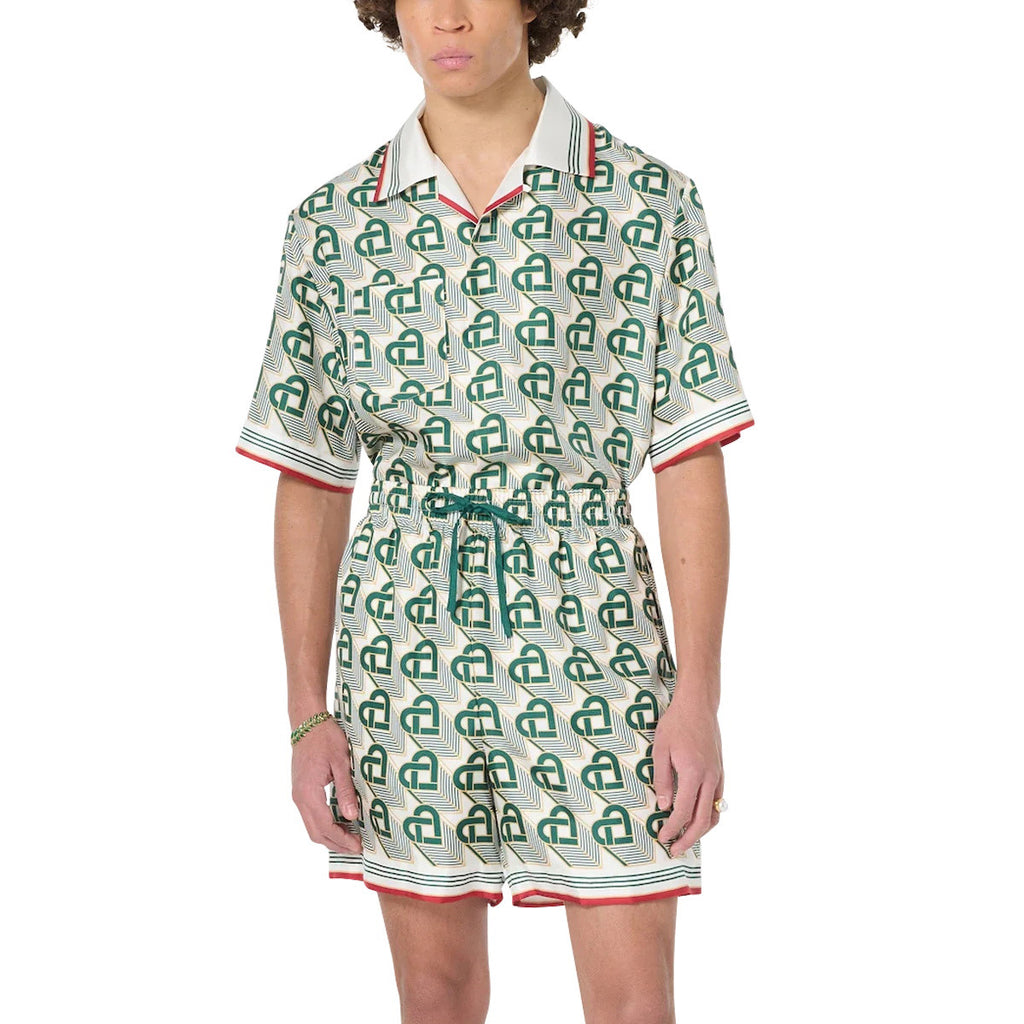 Casablanca Men's Summer Gradient Heart Printed Silk Short Sleeve Shirt Casual Elastic Lace-Up Shorts Ngvp #74512