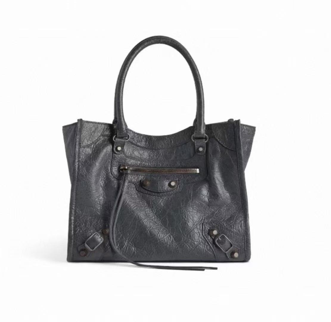 Balenciaga Le City Vertical Tote Bag Motorcycle Bag Cracked Old Retro Rivet Tassel Zipper Commuting Casual Bag #332658