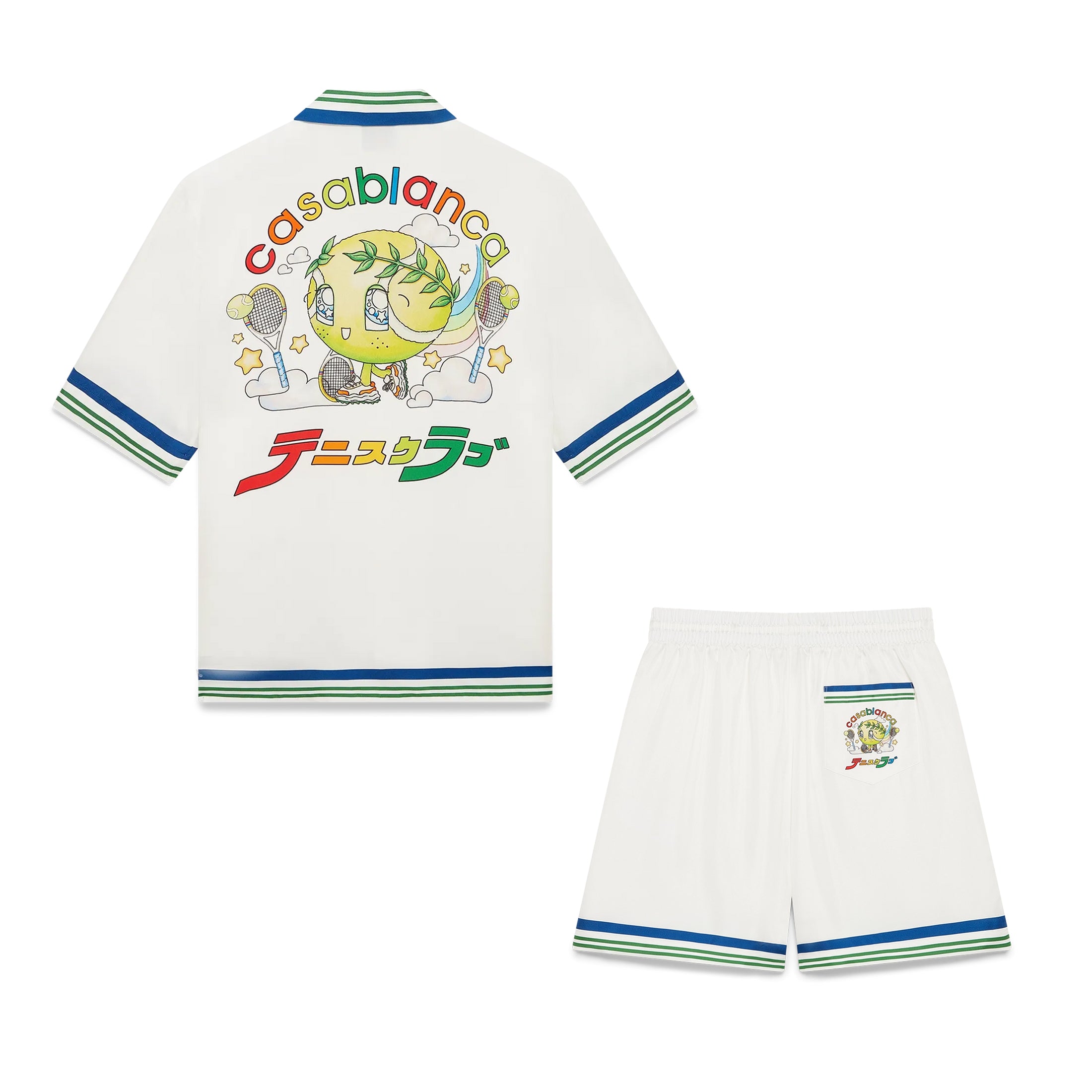 Casablanca Men's Summer Fashion Casual Doll Print Tennis Pattern Collared Single Breasted Short Sleeve Silk Shirt with Waist Elastic Silk Shorts Suit Set #78746