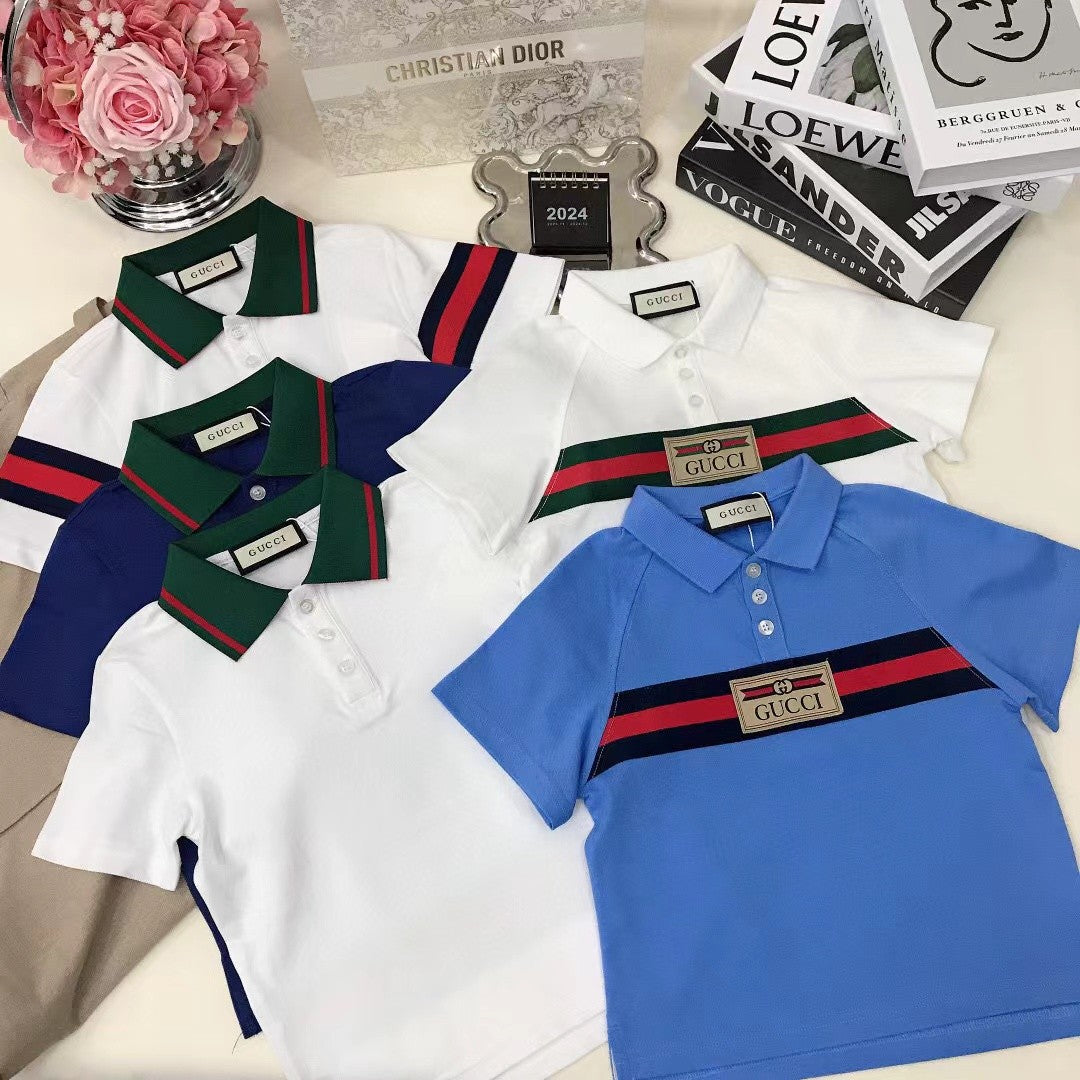 Gucci Kid's Summer Solid Color Striped Cotton Webbing Straight Short Sleeve Fitted Polo Shirt #31274