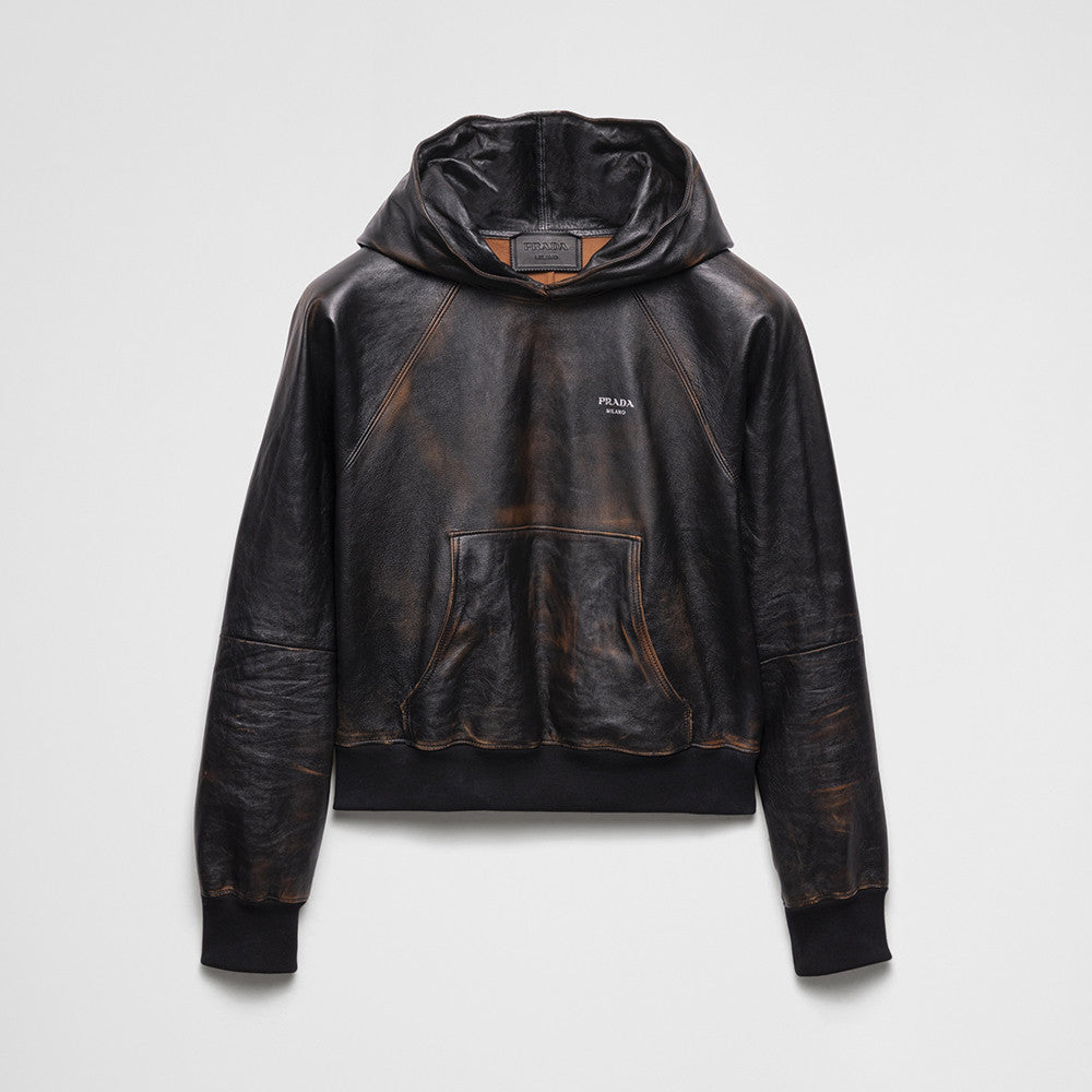 Prada SS25 Spring And Summer Men's Nappa Leather Hooded Raglan Long Sleeve Sweatshirt Leather Jacket #332536