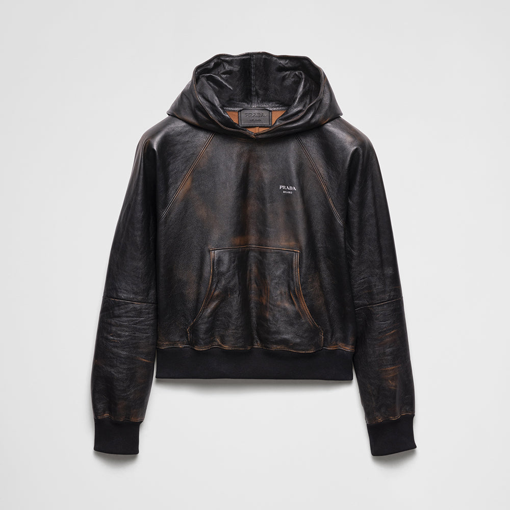 Prada SS25 Spring And Summer Men's Nappa Leather Hooded Raglan Long Sleeve Sweatshirt Leather Jacket #332536
