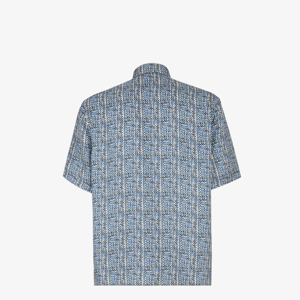 Fendi Men's Summer Blue Ff Full Print Single-Breasted Short-Sleeved Silk Shirt Casual Elastic Waist Fitted Shorts Ngvp #8663