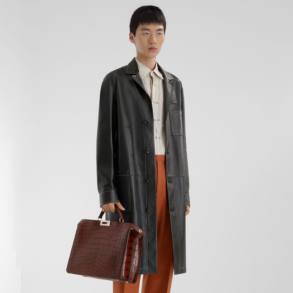 Fendi Men's Fall And Winter Black Long Sheepskin Jacket Fashion Bright Line Retro Single-breasted Luxury Leisure Jacket Coat Ngvp #8948