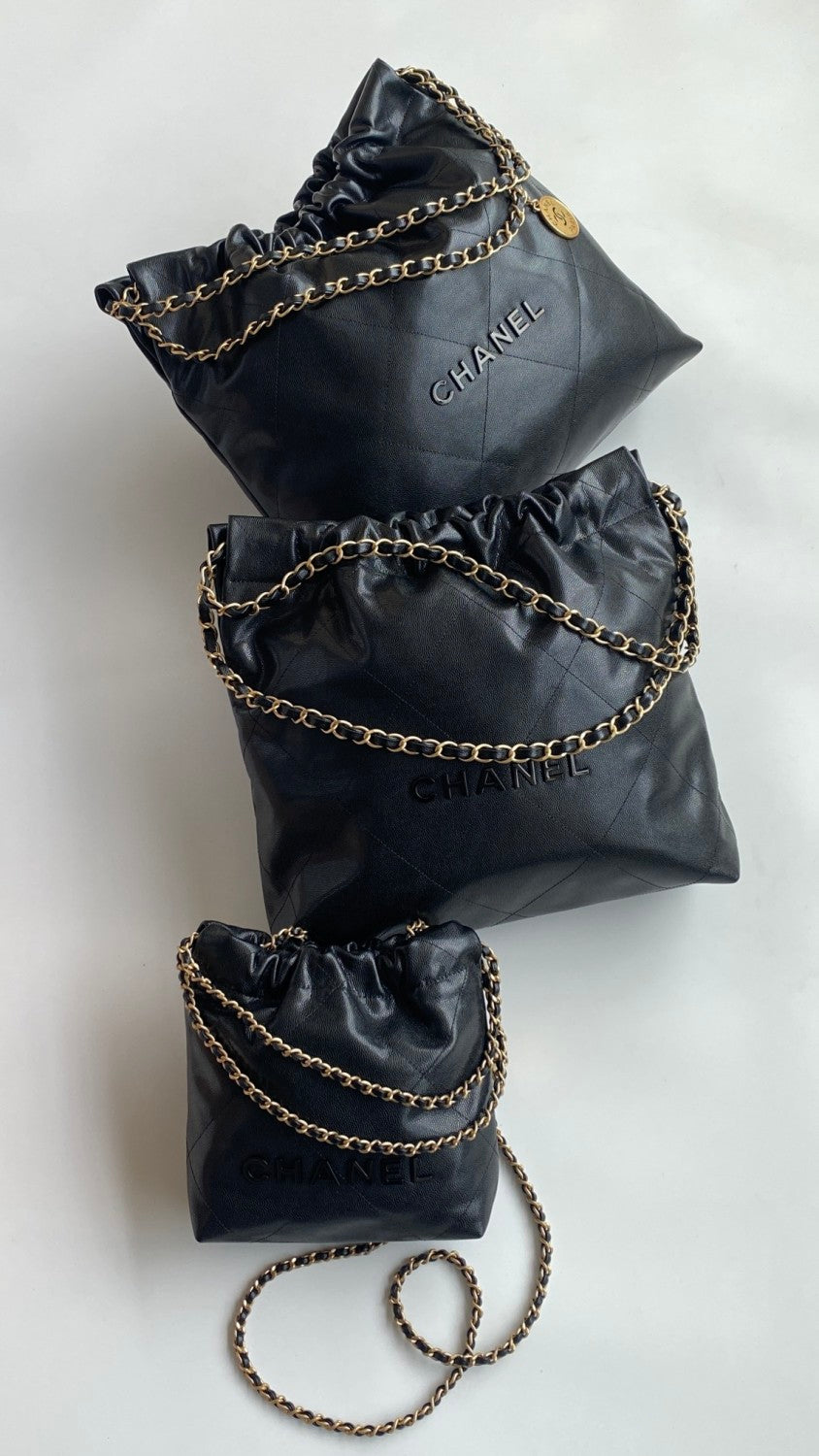 Chanel Men's And Women's Black Logo Drawstring Closure Chain Shoulder Strap Glossy Calfskin Shoulder Crossbody Bag Bags #77116