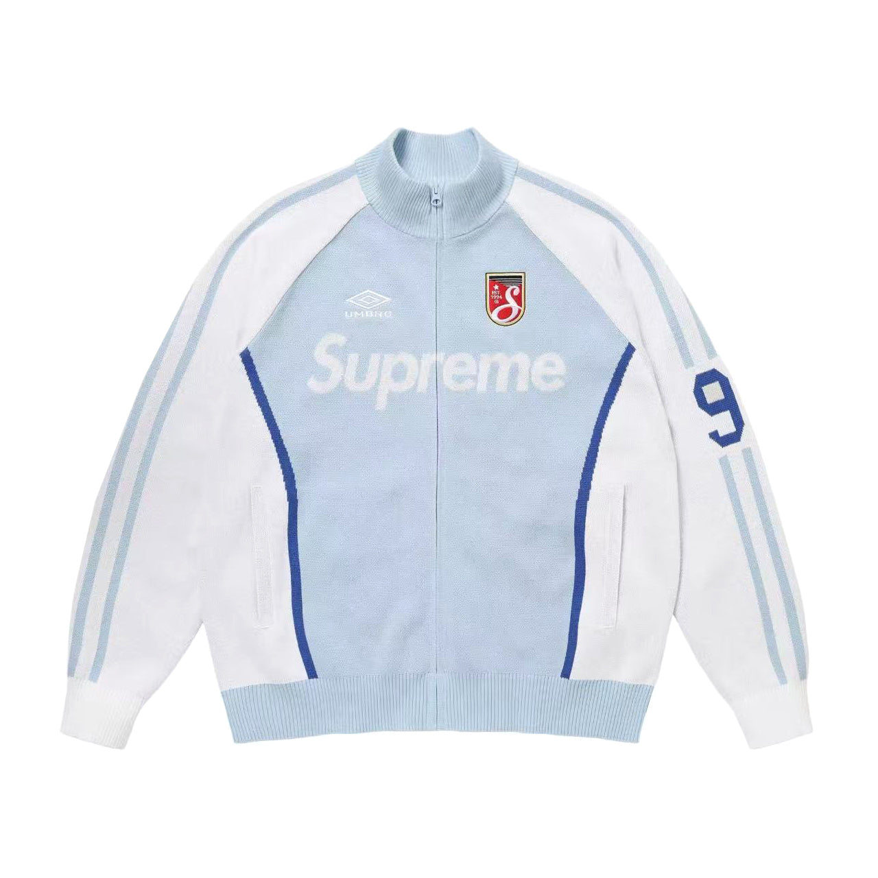 Supreme X UMBRO ZIP UP SWEATER Men's And Women's Spring And Summer Color-blocked Long-sleeved Knit Sweater With Embroidered Logo On The Chest Jacket And Casual Drawstring Shorts Set Suit #77888