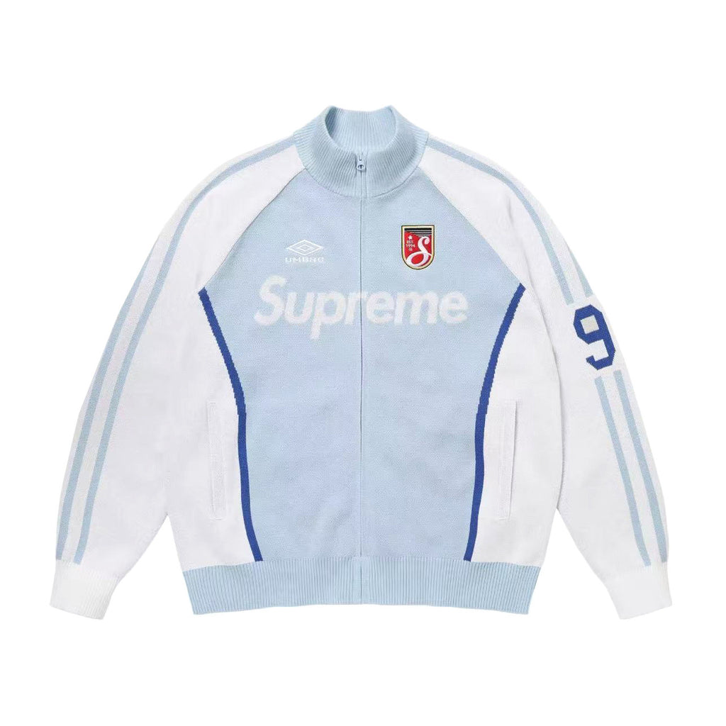 Supreme X UMBRO ZIP UP SWEATER Men's And Women's Spring And Summer Color-blocked Long-sleeved Knit Sweater With Embroidered Logo On The Chest Jacket And Casual Drawstring Shorts Set Suit #77888