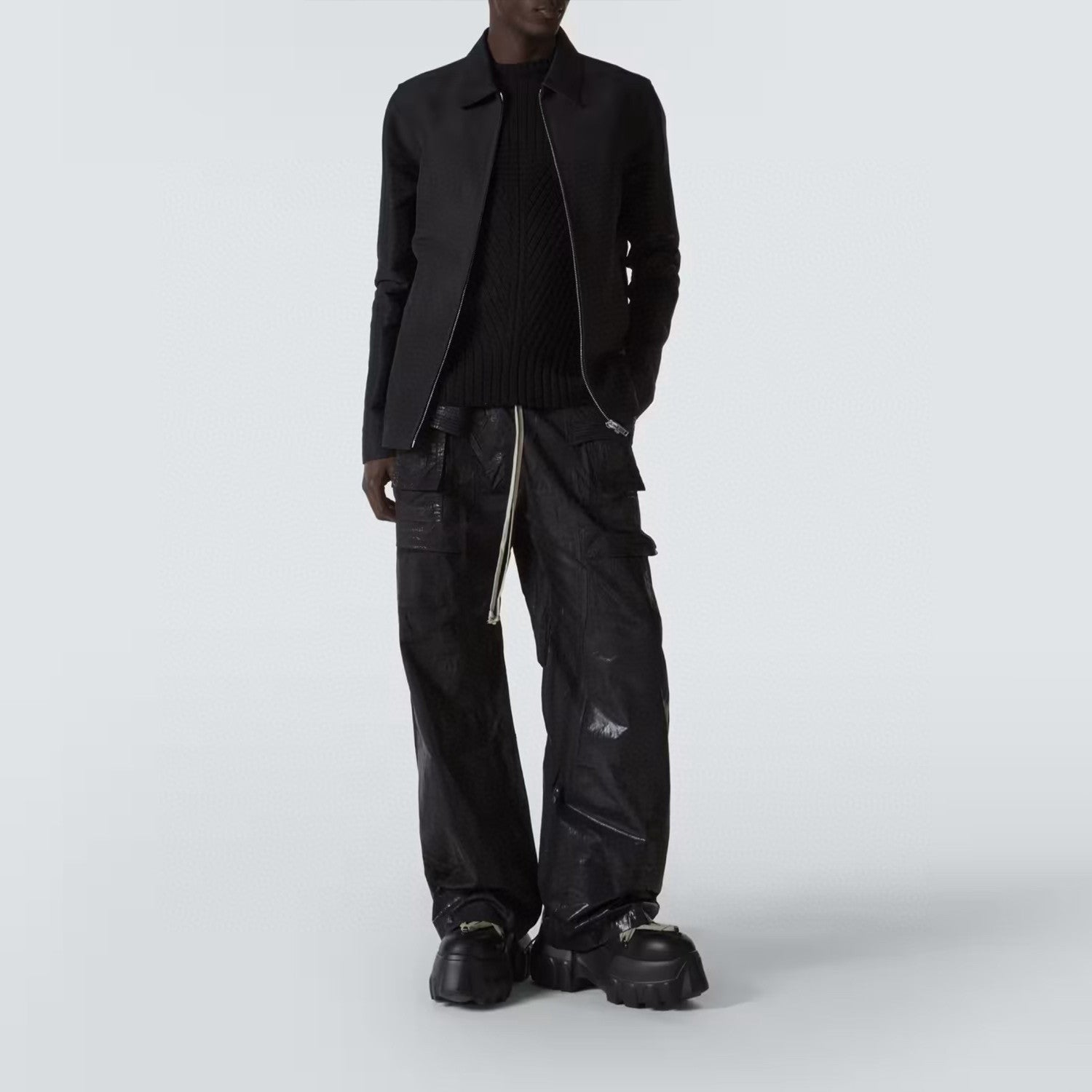 Rick Owens DRKSHDW Men's Spring Summer Waxed Double Loop Wide Leg Trousers Black High Street Shiny Loose Drawstring Straight Leg Trousers Drawstring Pants  Ngvp #1346