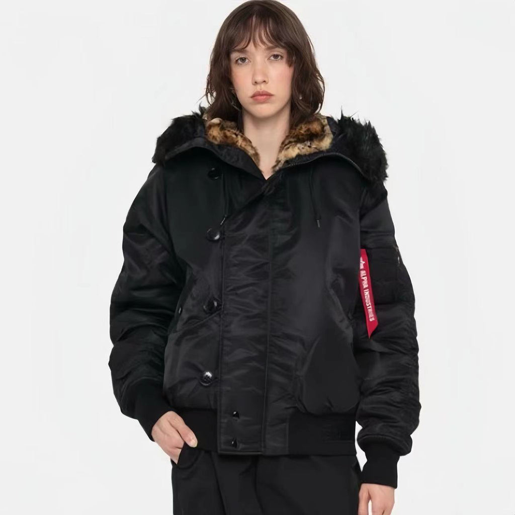 Stussy Men's And Women's Fall And Winter Fashion Leopard Lining Hooded Fur Collar Short Jacket Thickened Coat Ngvp #7654